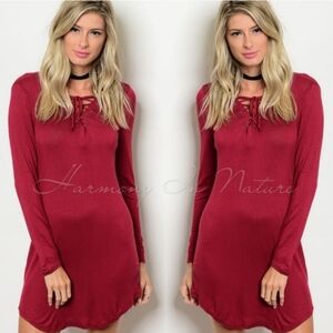 Harmony In Nature Burgundy Lace-Up Long Sleeve Dress NWT Small
